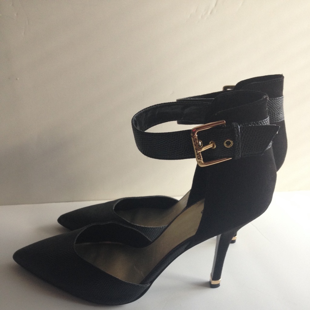 Black Guess Heels with Ankle Strap and Gold Buckle